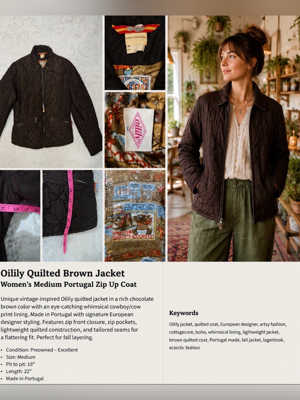 Oilily Quilted Jacket Women Medium Brown Zip Front Lightweight Coat Portugal